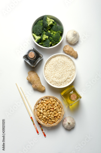 Chinese food raw ingredients, vegetables and nuts on the white background