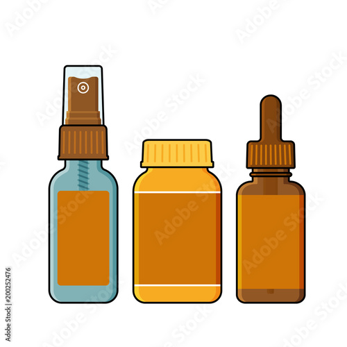 Spray, tincture bottle and opaque plastic jar
