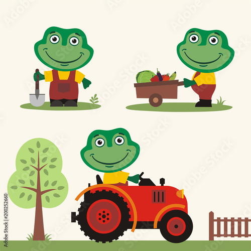 Set of funny frog farmer with shovel, with wheelbarrow with vegetables, in farm tractor. Collection of frog is working on the farm.
