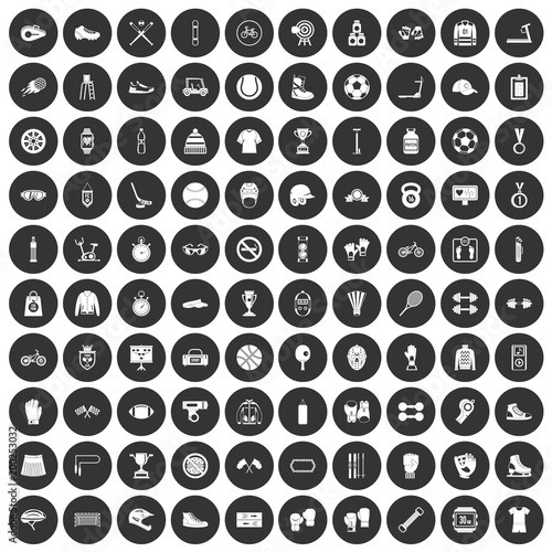 100 sport accessories icons set black circle