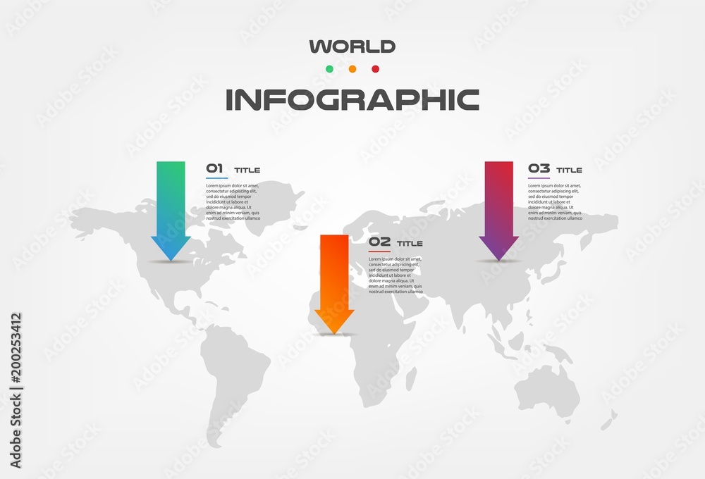Fototapeta premium World map arrow color infographics step by step in a series of gradient block. Element of chart, graph, diagram with 3 options - parts, processes, timelines. Vector business template for presentation