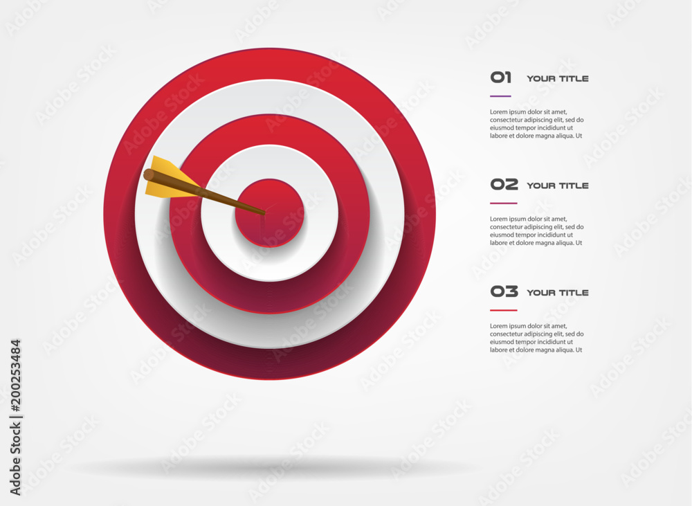 Target infographics step by step. Element of chart, graph, diagram with 3 options - parts, processes, timeline. Vector business template for presentation, workflow layout, annual report, web design Target infographics step by step. Element of chart, graph, diagram with 3 options - parts, processes, timeline. Vector business template for presentation, workflow layout, annual report, web design