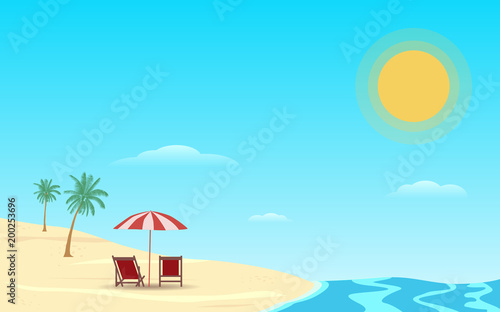 beach umbrella in flat icon design at sea with blue sky background