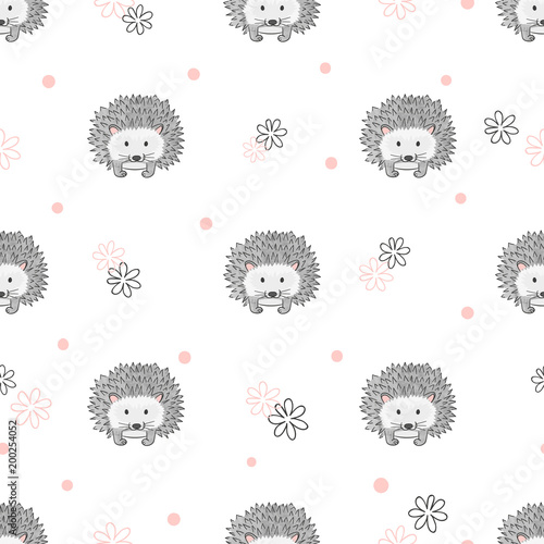 Seamless childish vector pattern with cute watercolor hedgehogs.