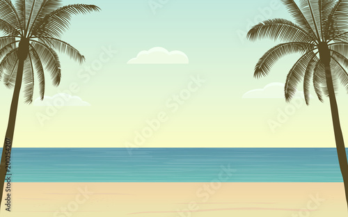Silhouette palm tree on beach Landscape in flat icon design and blue color sky background