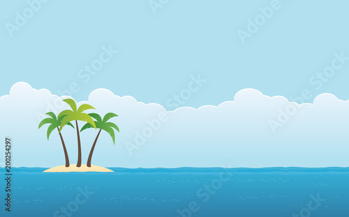 beach with palm tree on island and blue sky background in flat icon design