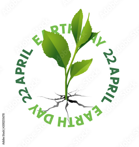22 april. Earth day. Vector stamp with sprout and green leaves and text