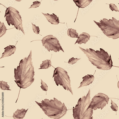 Seamless watercolor pattern with vintage pattern of autumn leaves. On a white background. sepia  brown  monochrome colors. For fabrics  textiles  paper  design