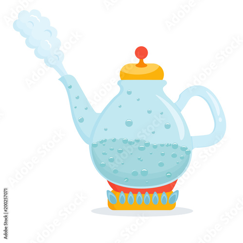 Bright kettle with boiling water. Cartoon vector