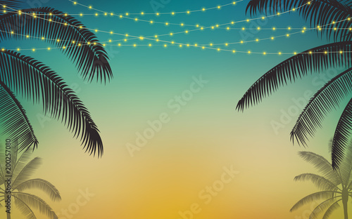 Silhouette palm tree and Hanging decorative party lights in flat icon design with vintage color background