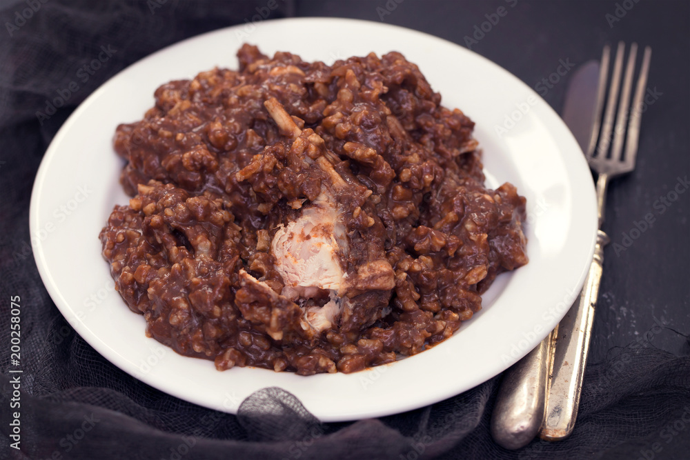 rice with rabbit on dish rice with rabbit on dish