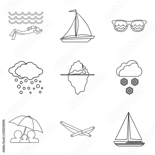 Waterbody icons set, outline style