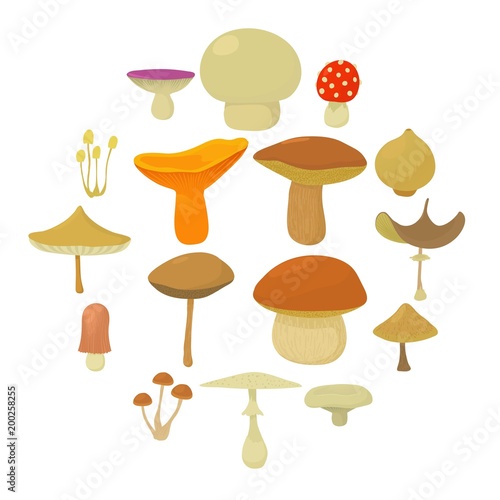 Mushroom types icons set, cartoon style