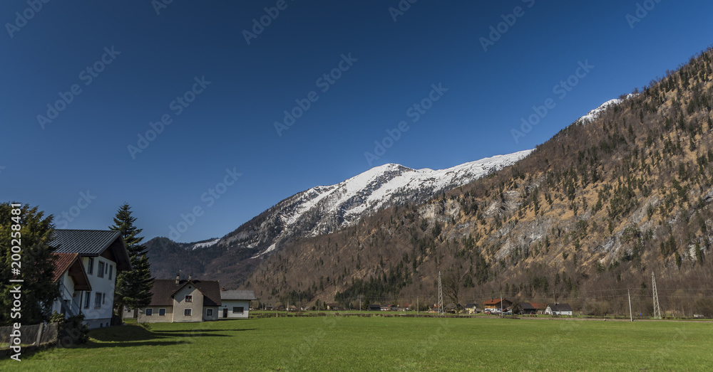 Village near Ebensee sea and town in big Alps