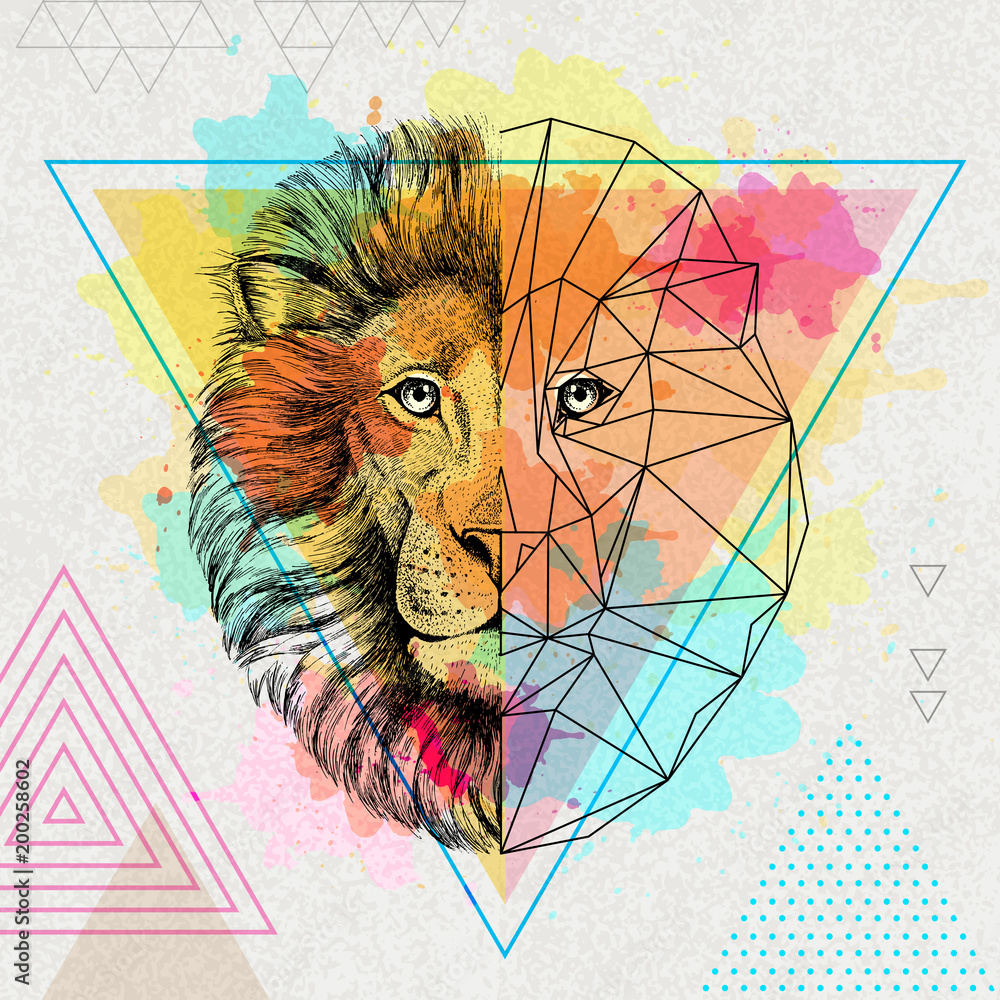 Fototapeta premium Hipster zwierzę realistyczne i wielokątne lew na artystycznym tle akwarela