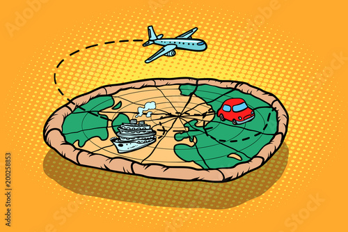 Travel tourism concept, pizza planet earth and transport