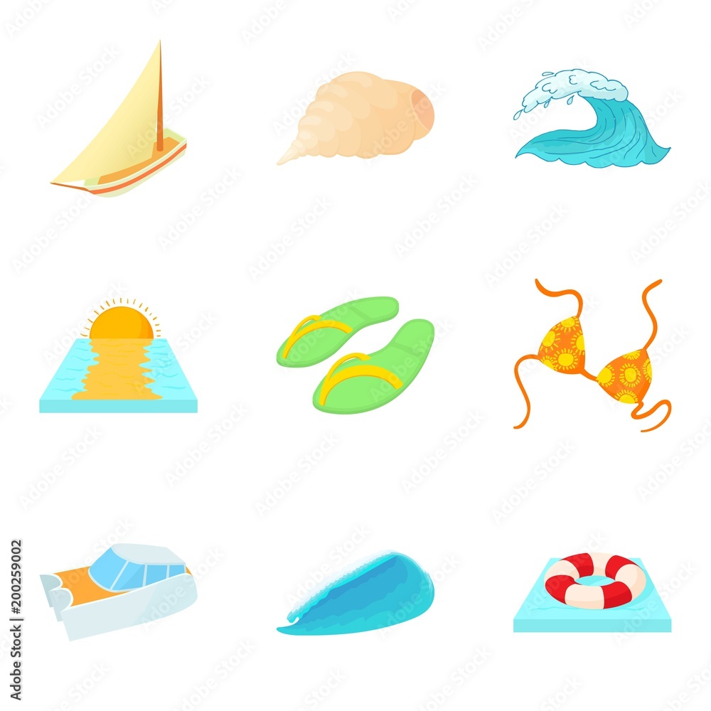 Water mass icons set, cartoon style Water mass icons set, cartoon style