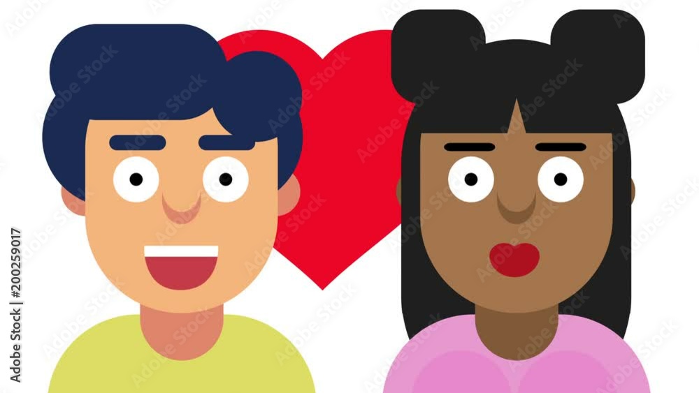 black woman and white male couple faces icons with heart background motion graphic loop black woman and white male couple faces icons with heart background motion graphic loop