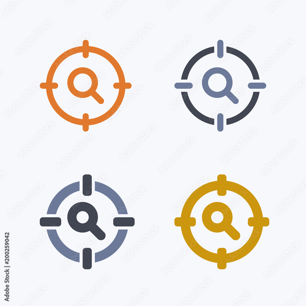 Target On Magnifier - Outline & Glyph Icons. A set of 4 professional, pixel-perfect icons. Target On Magnifier - Outline & Glyph Icons. A set of 4 professional, pixel-perfect icons.