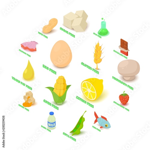 Allergy free icons set food, isometric style