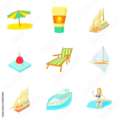 Tropical pleasure icons set, cartoon style