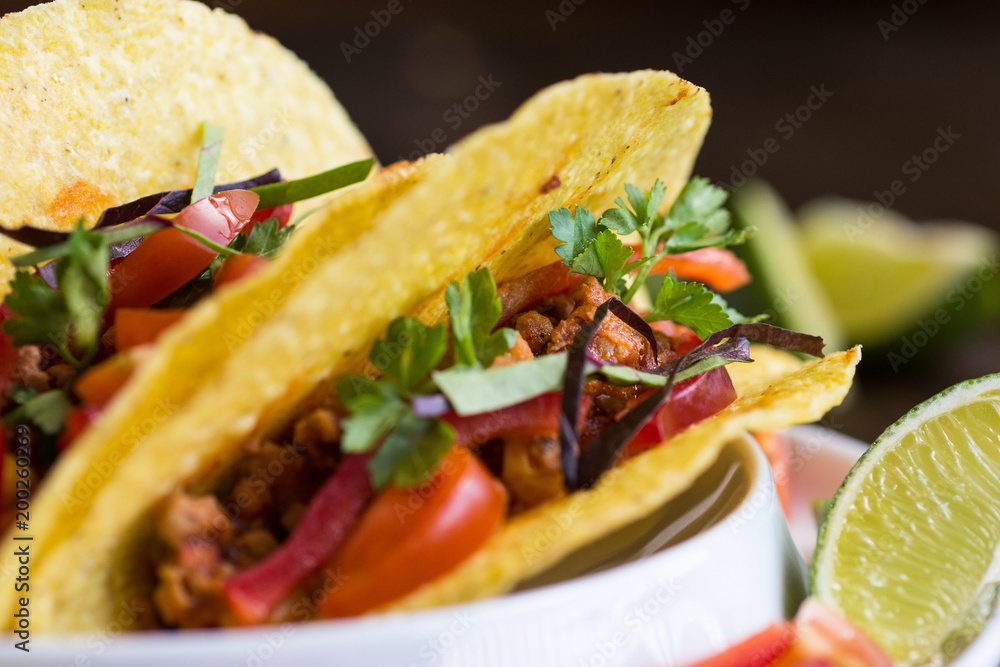 Colorful Mexican Tacos with Ground Beef and Vegetables Colorful Mexican Tacos with Ground Beef and Vegetables