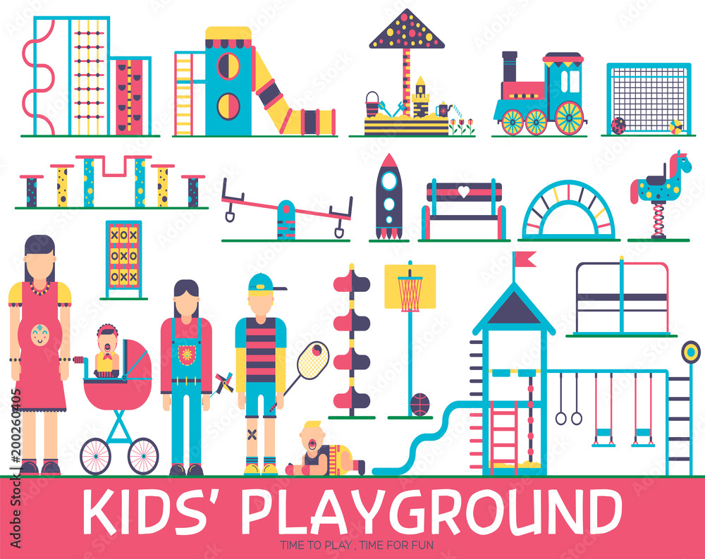 Kids playground field with many staff equipment background icons set. Vector flat fun outdoor park illustration concept design.