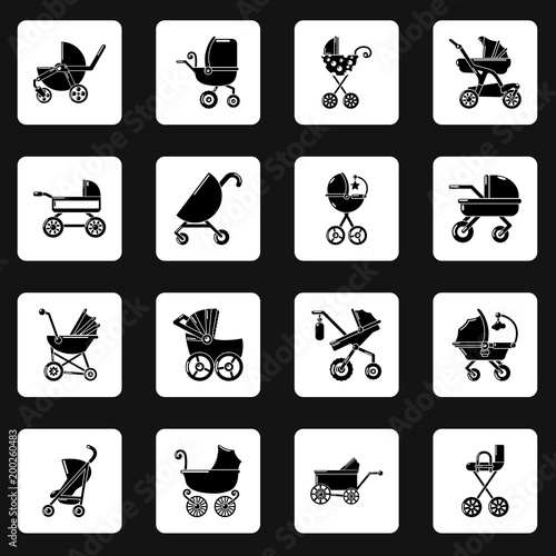 Baby carriage icons set, simple style