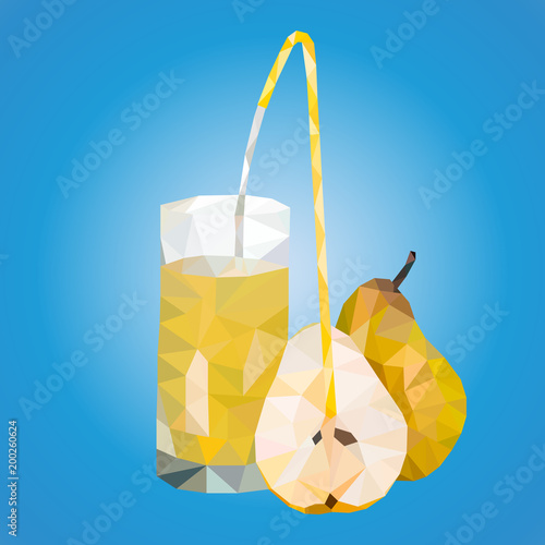 vector illustration of polygonal triangles ripe pears and a glass with juice and a tube from which juice flows into a glass on a blue background