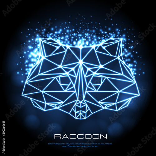 Abstract polygonal tirangle animal raccoon neon sign. Hipster animal illustration.