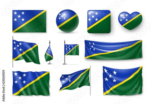 Free Download Set Solomon Islands realistic flags, banners, banners, symbols, icon. Vector illustration of collection of national symbols on various objects and state signs - GFXLoad