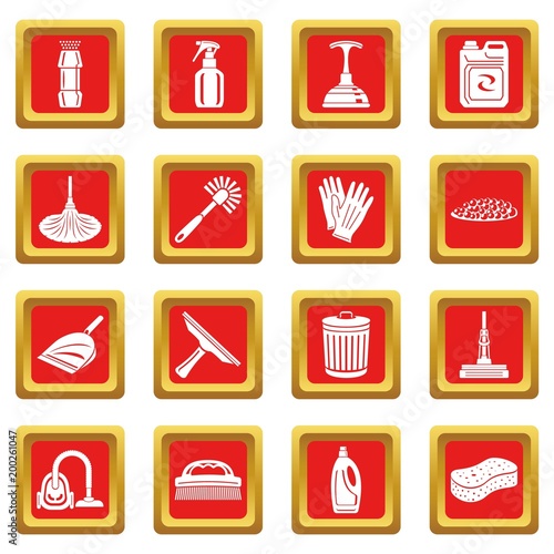 Cleaning icons set red square vector