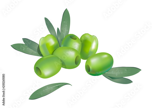 Realistic 3d boneless green olives with few leaves composition isolated on white background. Vector organic food  illustration