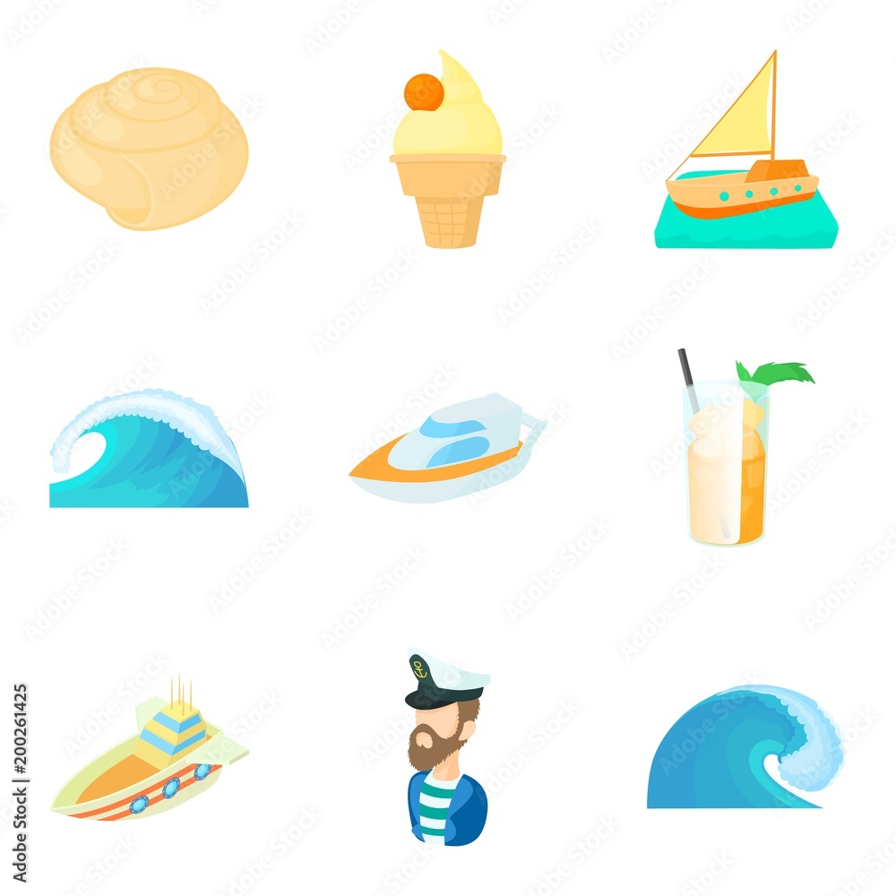 Sea voyage icons set, cartoon style