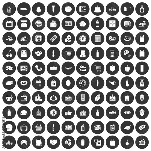 100 supermarket icons set black circle