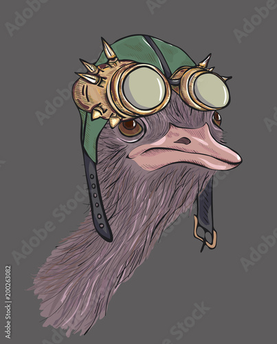 Ostrich dressed up in steampunk hat