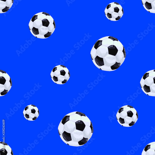 Football Balls Seamless Pattern Template  Endless VECTOR Background Template  Blue Backdrop  Drawn Balls.