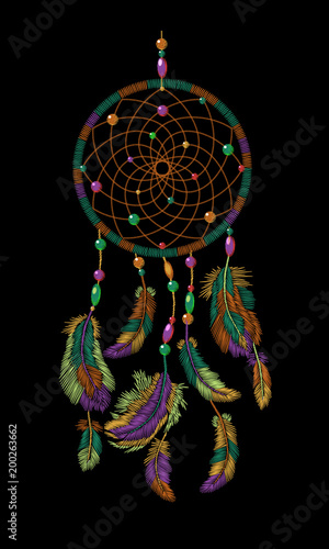 Embroidery boho native american indian dreamcatcher feathers. Clothes ethnic tribal fashion design dream catcher. Fashionable template vector illustration