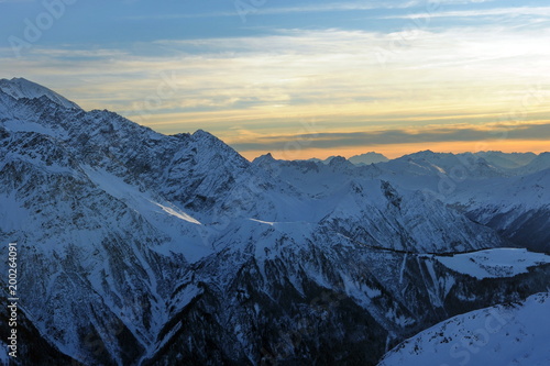 France. The tops of the Alps in the evening in the village Chamonix
