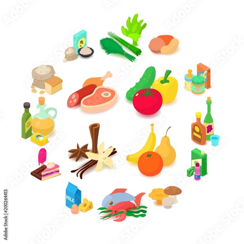 Shop navigation foods icons set, isometric style