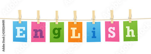 "ENGLISH" letters pinned to string with pegs