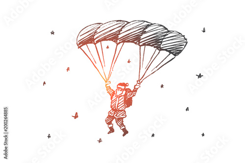Hand drawn Santa Claus flying down on parachute