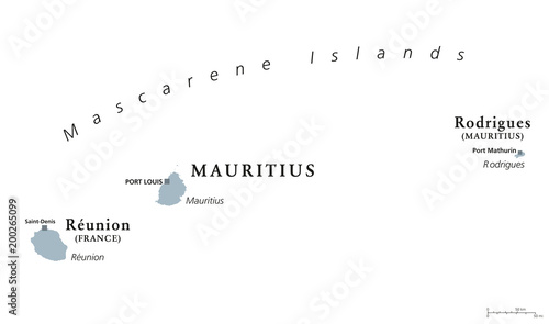 Mascarene Islands, political map. Mauritius, Reunion and Rodrigues. Mascarenhas Archipelago, a group of islands in the Indian Ocean. English labeling. Gray illustration on white background. Vector.