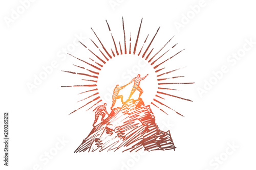 Hand drawn people trying to climb up mountain