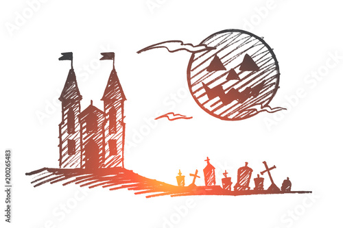 Hand drawn Halloween castle, cemetery, full moon