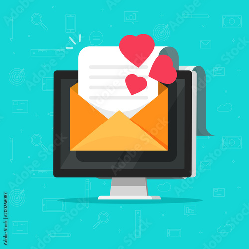 Love email message on computer vector illustration, flat cartoon e-mail letter with hearts on pc display, concept of online dating, internet or remote relationship, greeting invitation