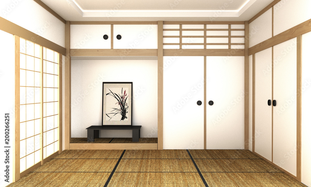 Japanese room interior - modern empty room style - roof design. 3D