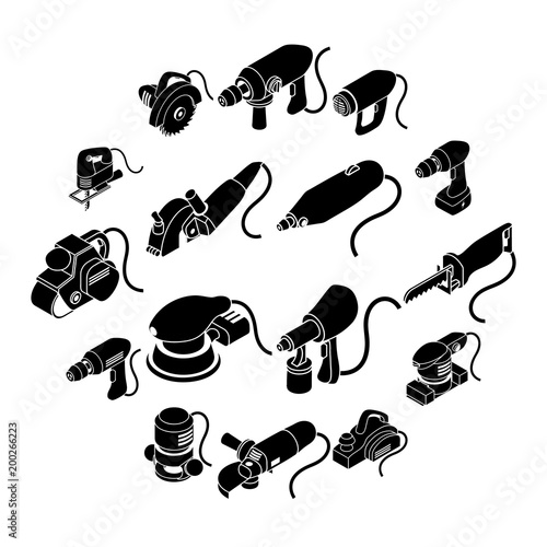 Electric tools icons set, simple isometric style