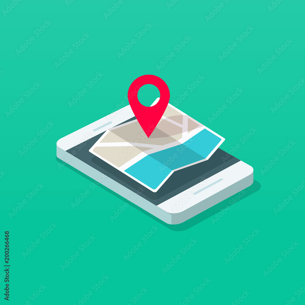 Smartphone and map pointer isometric vector illustration, flat cartoon ...