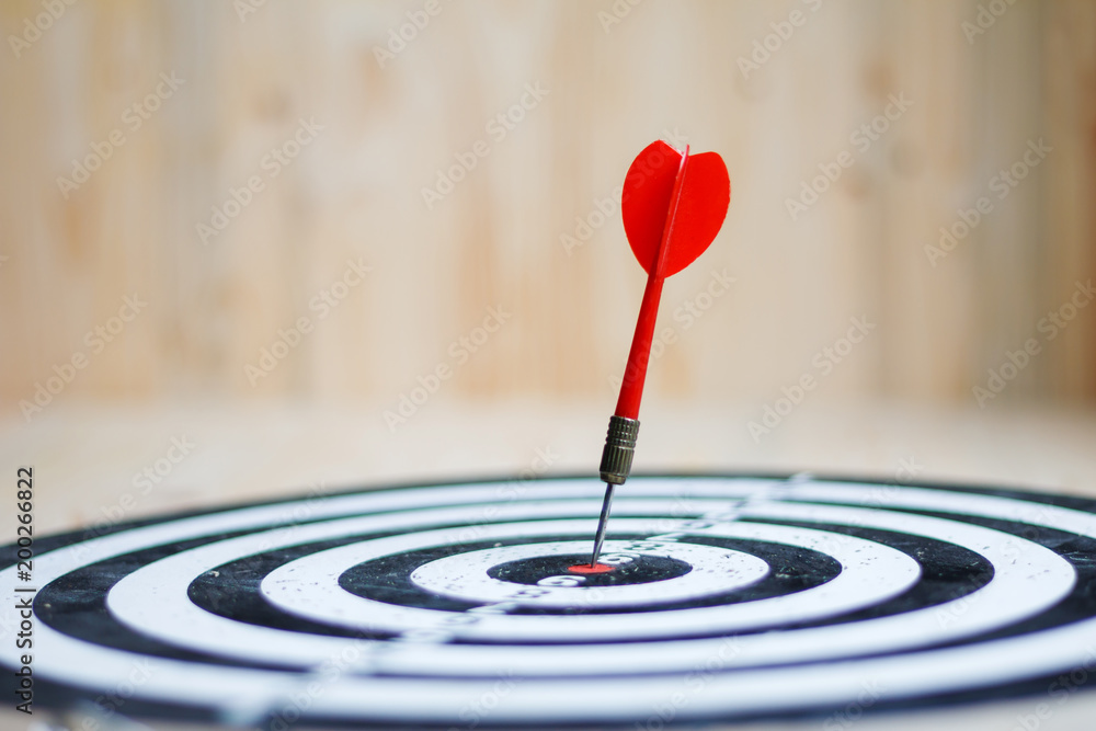 Red dart arrow hit the center target of dartboard metaphor marketing competition concept Red dart arrow hit the center target of dartboard metaphor marketing competition concept